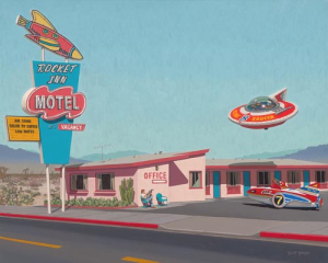Astro motel with flying saucer landing in the parking lot