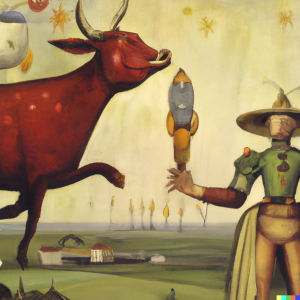 Bull standing next to a cowboy balancing a rocket in his hand