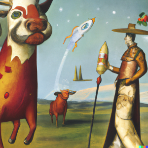 Illustration of a cow and cowboy watching a rocket launch