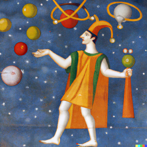 A court jester juggling planets
